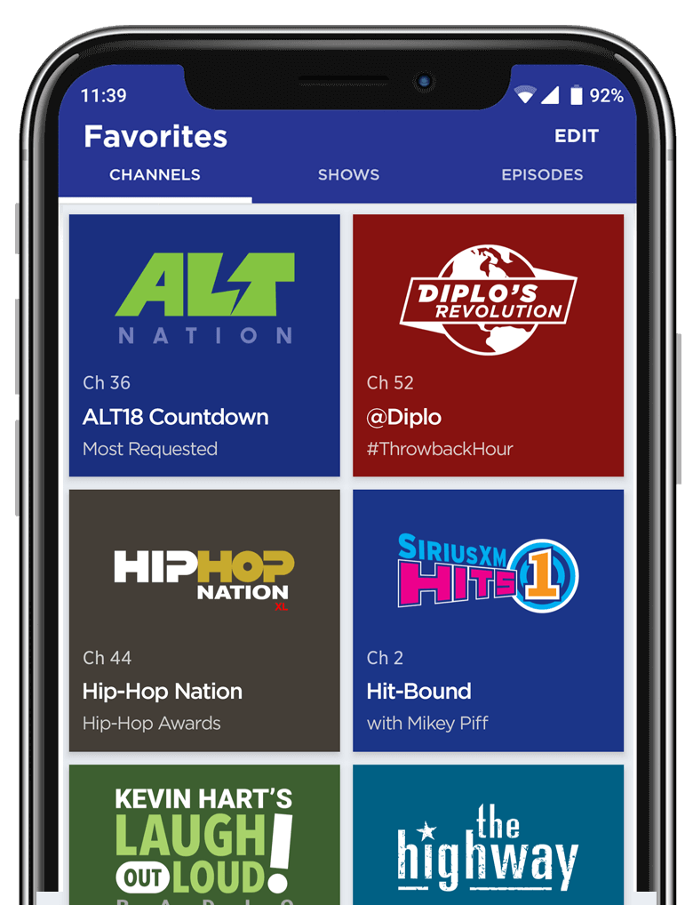 Alt Nation, Diplo's Revolution, Hip-Hop Nation, SiriusXM Hits 1, Kevin Hart's LOL, Highway