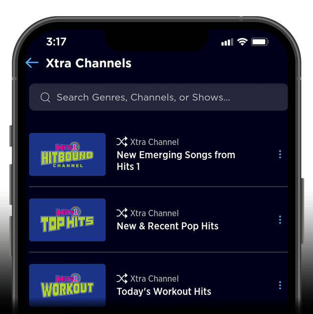 Xtra channels in the SXM app on a phone