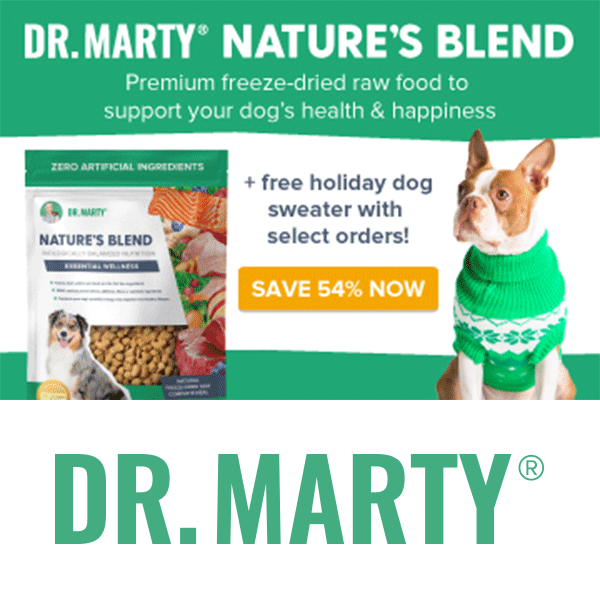 Dr. Marty Nature's Blend, premium freeze-dried raw food to support your dog's health & happiness plus free holiday dog sweater with select orders! Save 54% now