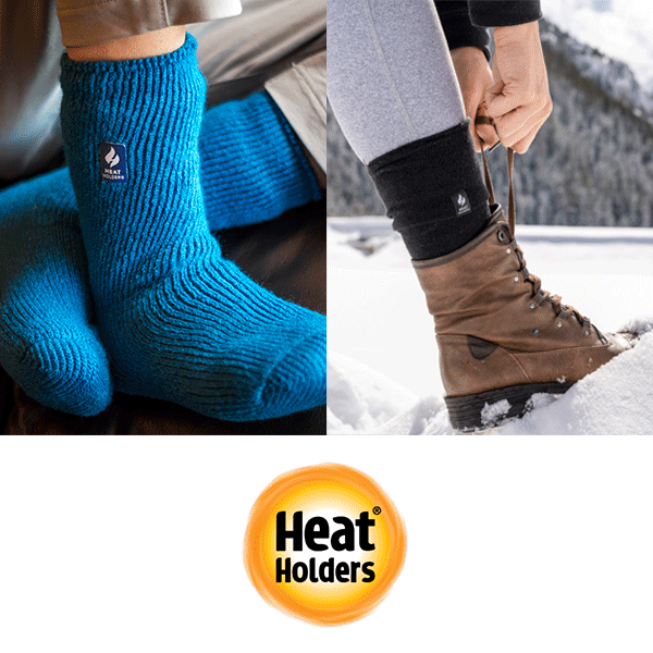 Heat Holders cozy blue socks and boot in the snow