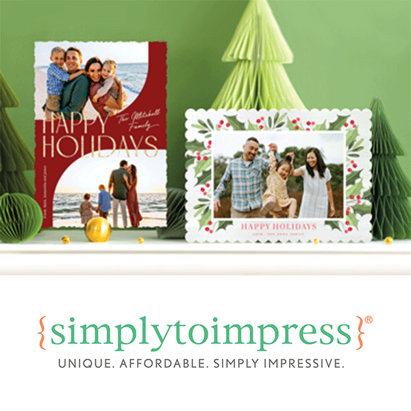 Simply to impress logo; Unique. Affordable. Simply Impressive. Holiday cards on a shelf