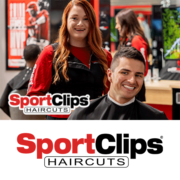 Sport Clips Haircuts logo with smiling hairdresser and client