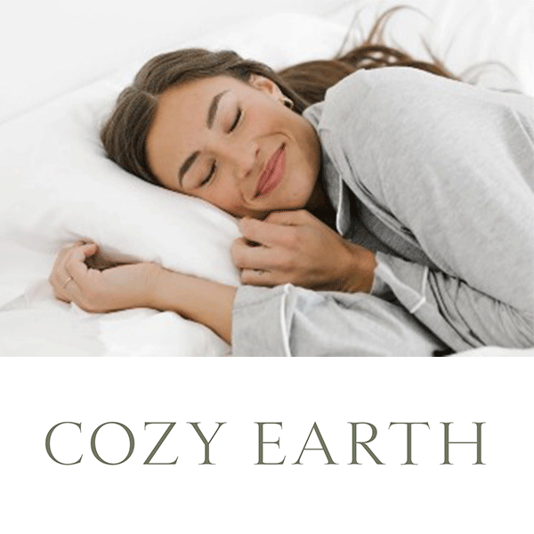 Cozy Earth logo with a girl lying on a pillow