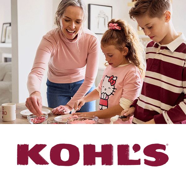 Kohl's logo with a mom and two kids decorating cookies