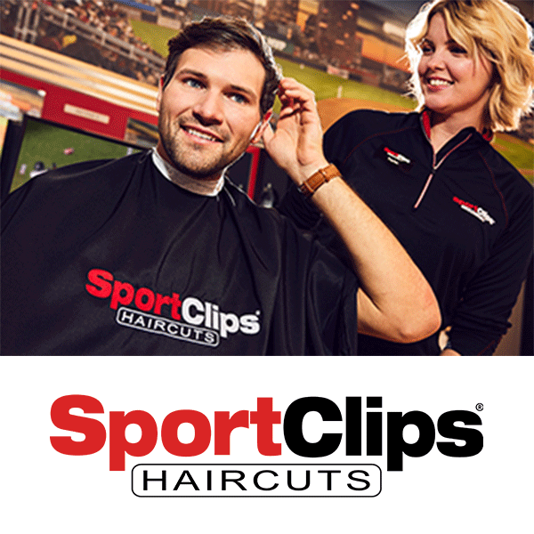 Sport Clips Haircuts logo with smiling hairdresser and client