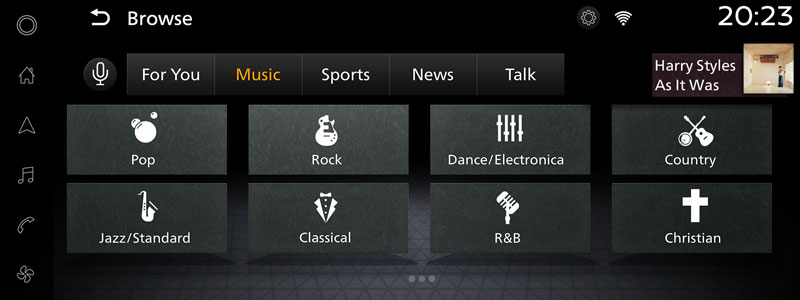 Browse tab on 360L screen displaying different music genres
