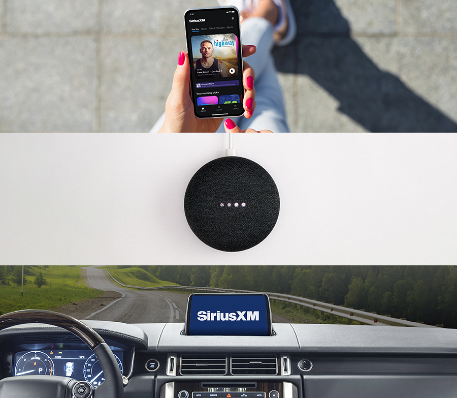 Phone, Google Nest Mini, and SiriusXM in the car