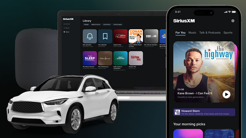 Car, Smart Device, Laptop and Phone with SiriusXM App