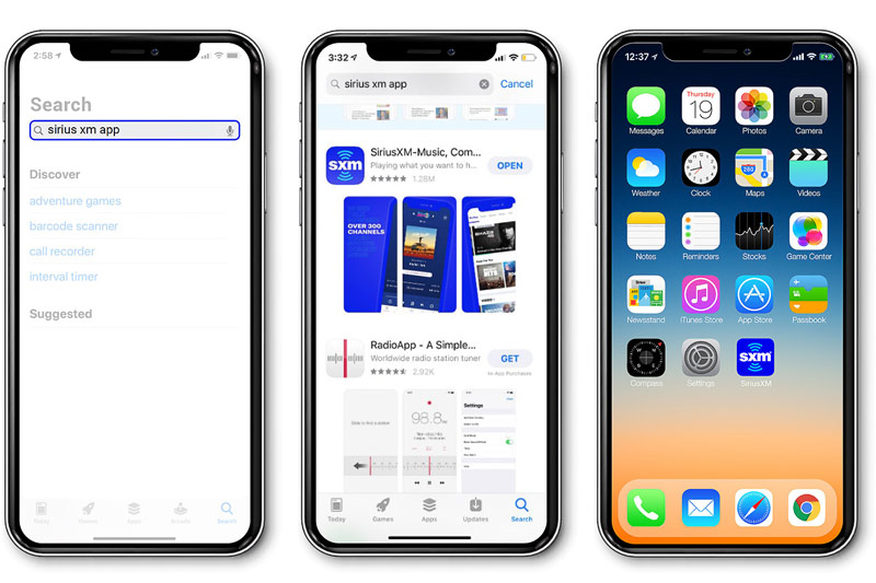 Image of iPhone with how to download and stream from the SiriusXM app