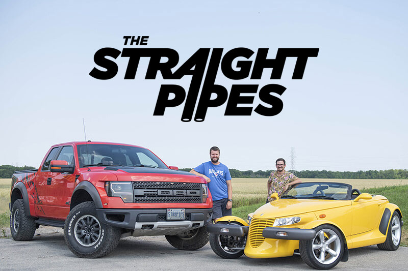 Hosts of The Straight Pipes, Yuri and Jakub, standing next to two vehicles