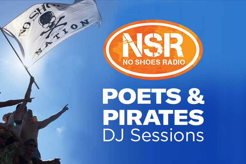 Image of Poets and Pirates waving a flag with No Shoes Radio logo