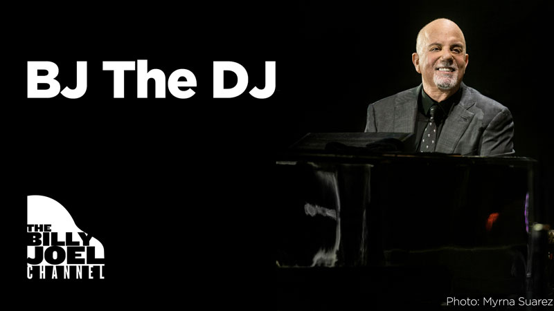 Billy Joel playing the piano with the Billy Joel Channel Logo for his show BJ the DJ