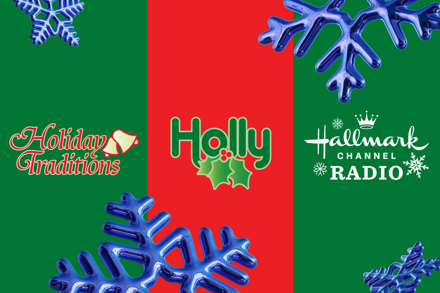 Holiday Traditions, Holly and Hallmark Channel Radio Logos with snowflakes