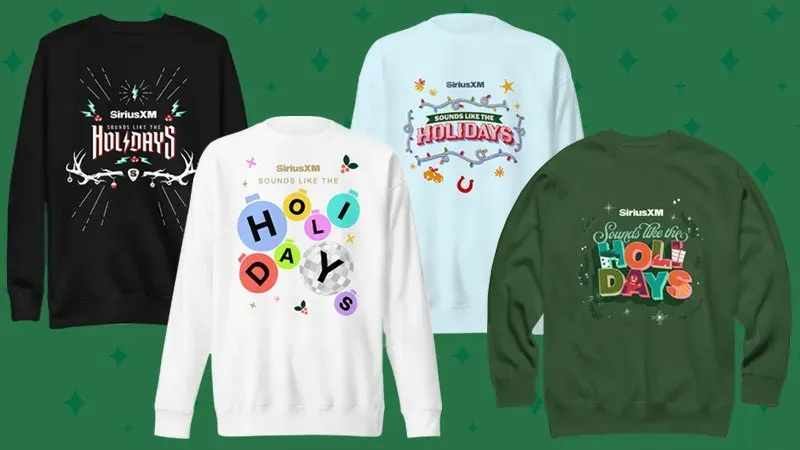SiriusXM sweatshirts with holiday logos