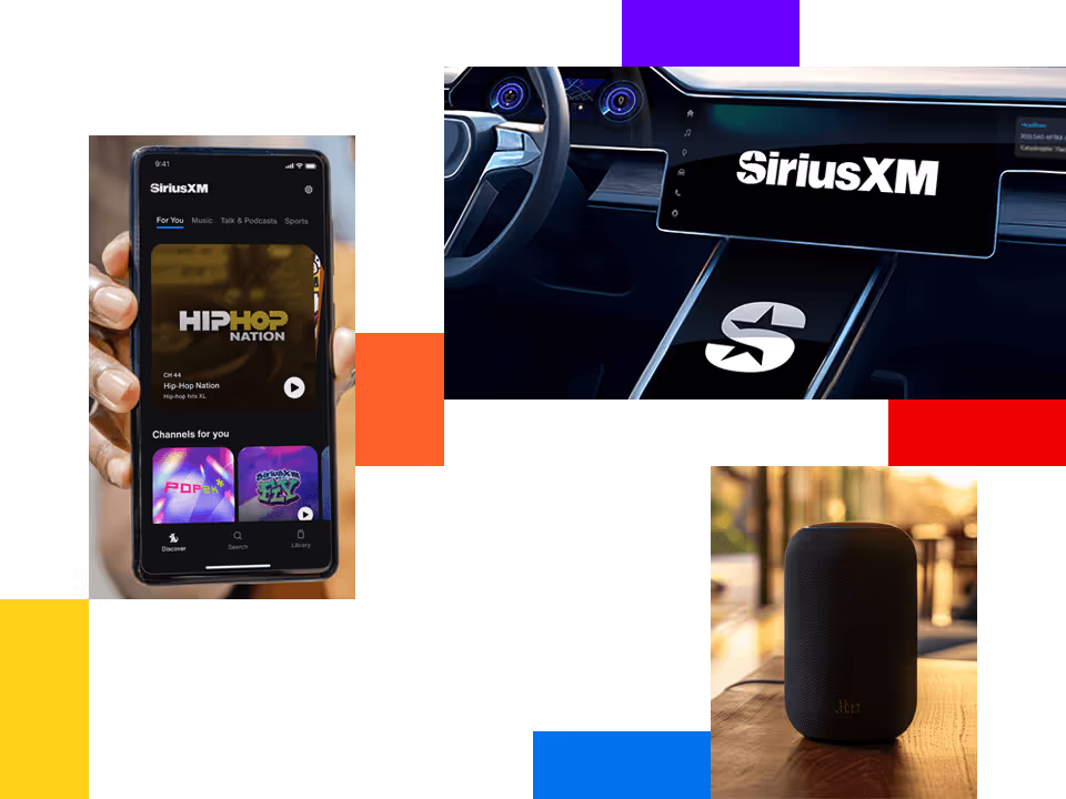 SiriusXM app on iphone, SiriusXM Radio in car, a speaker